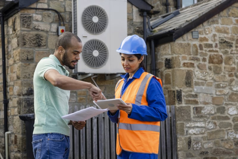 4 Factors to Consider When Buying a Heat Pump. An air source heat pump on the side of a home being installed in the North East of England. The house is aiming to be sustainable. There is a construction worker with a hard hat and reflective jacket holding a digital tablet, talking to the home owner who is showing her documents.